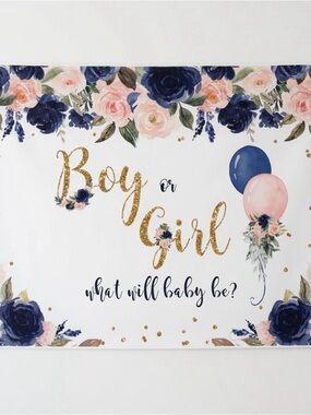 Boy or Girl Floral Gender Reveal Backdrop - Navy & Blush 59” x 39”